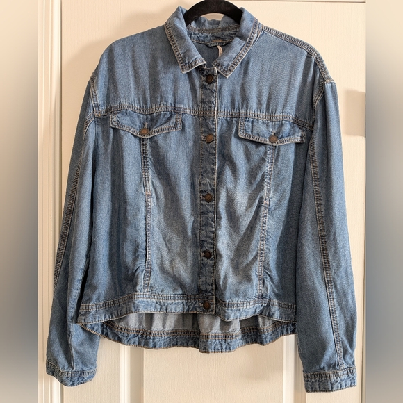 Free People Chambray Tencel Swing Jacket Sapphire Denim Jacket S/P Western Boho - Picture 3 of 16
